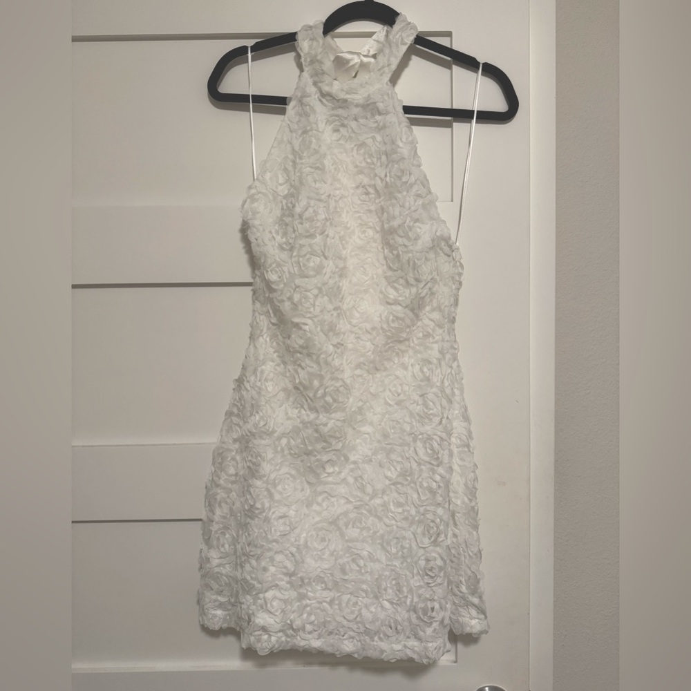 12th Tribe Maya White Floral Appliqué Halter Mini Dress